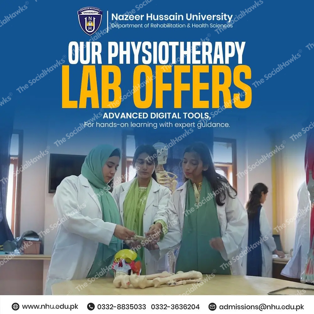 NHU physiotherapy lab post with female students in white coats studying anatomy model